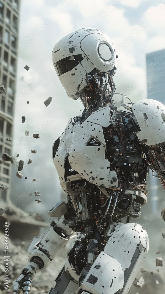 Fototapeta premium Damaged robot standing amidst city destruction