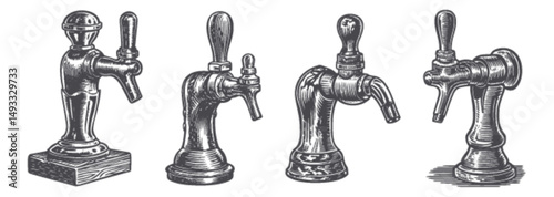 Vintage Engravings of Classic Beer Taps and Faucets Illustrations