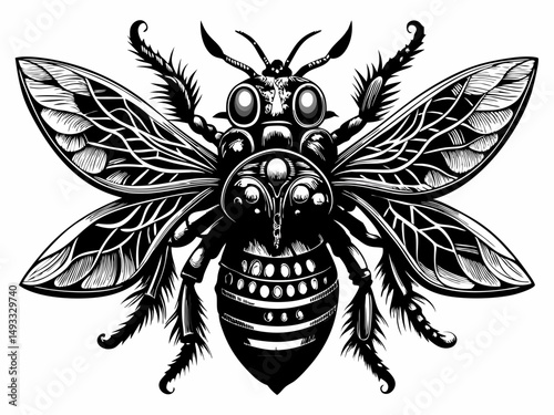 Intricate Black and White Illustration of a Stylized Bee
