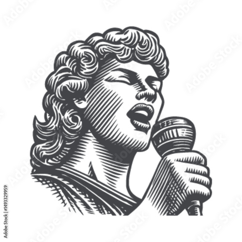 Vintage Engraving of a Singer Holding a Microphone in Action