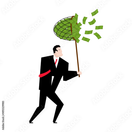 BusinessMan catches money with Butterfly net . Concept of catching money. Getting rich and increasing finances.
