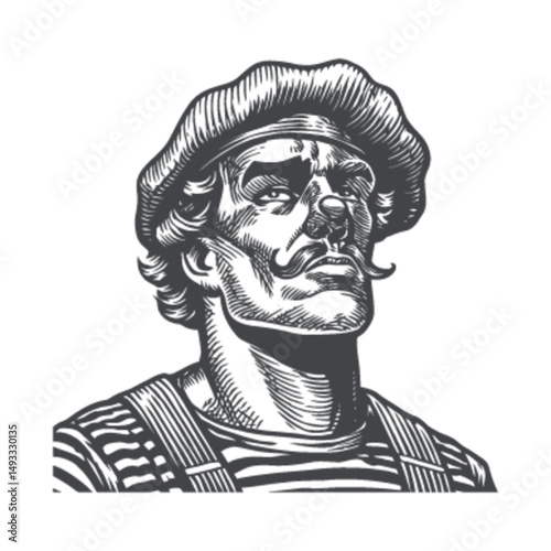 Vintage Engraving of a Strong Man in Striped Shirt and Cap