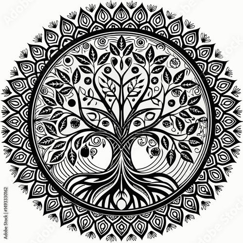 Ornate Black and White Tree of Life Mandala Design