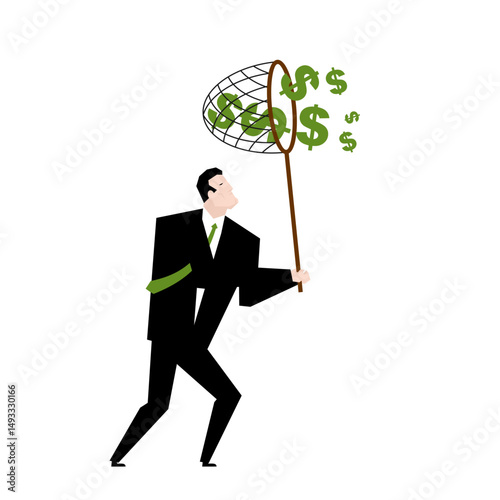 BusinessMan catches money with Butterfly net . Concept of catching money. Getting rich and increasing finances.