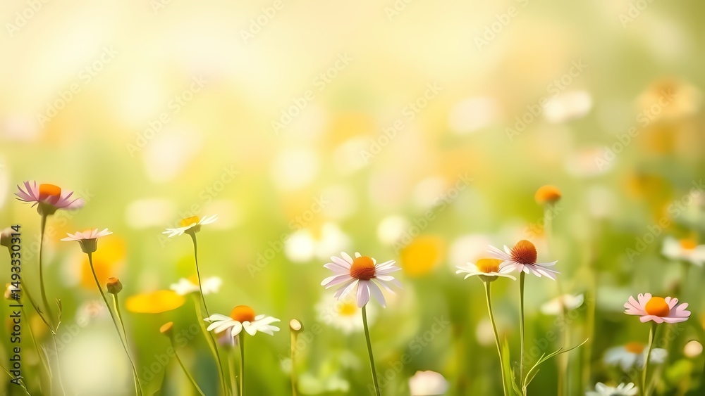 Fototapeta premium A soft watercolor meadow background features blurred wildflowers and gentle sunlight.