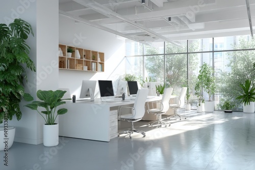 white modern office with natural light and plants, clean layout