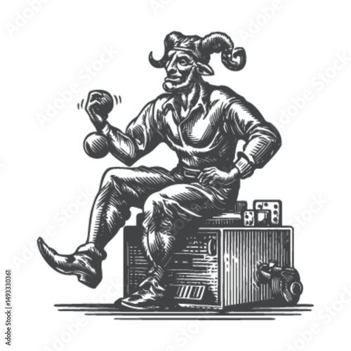 Vintage Engraving of a Strongman with Horns Holding a Weight