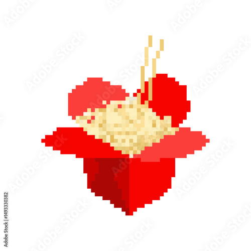 Chinese noodles in box pixel art. 8 bit Traditional food in China