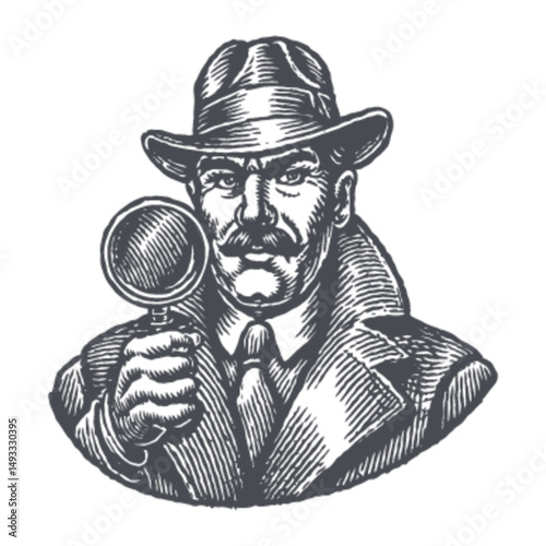 Vintage Detective with Magnifying Glass in Classic Engraving Style
