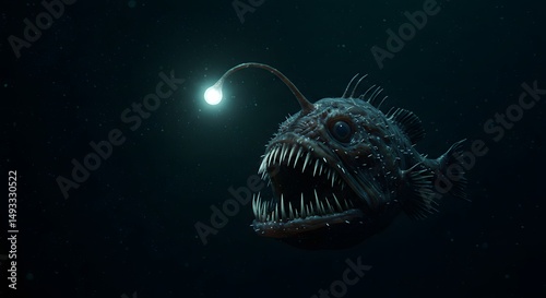 Anglerfish with glowing lure in dark ocean depths showing sharp teeth and scales