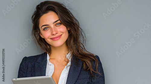 Confident Young Asian Businesswoman Holding Tablet Against Gradient Background – Professional Corporate Portrait for Technology, Business, and Modern Marketing Use