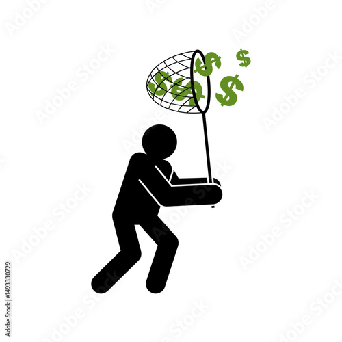 Man catches money with Butterfly net . Concept of catching money. Getting rich and increasing finances.