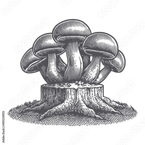 Vintage Engraving of Mushrooms Growing on Tree Stump Illustration