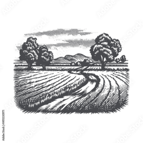 Detailed Engraving of Fields and Trees in Calm Landscape Scene