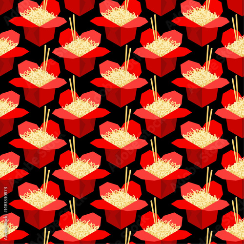 Chinese noodles in box pattern seamless. Traditional food in China background