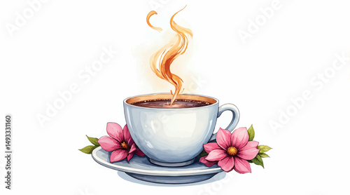Hot coffee cup with steam and flowers on a saucer  