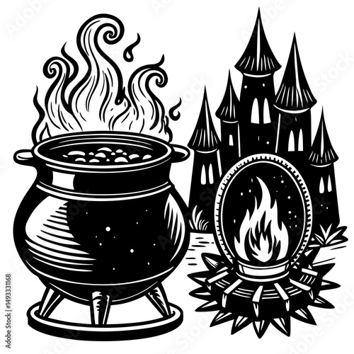 Boiling Cauldron with Flames Before a Fairytale Castle