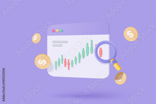 3D online trading with browser on purple background. Browser using funding business graph on computer with money coin concept. 3d vector trading for business investment render illustration