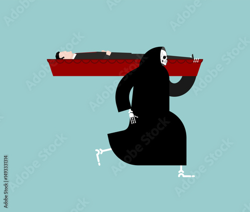 Grim Reaper carries coffin with dead man