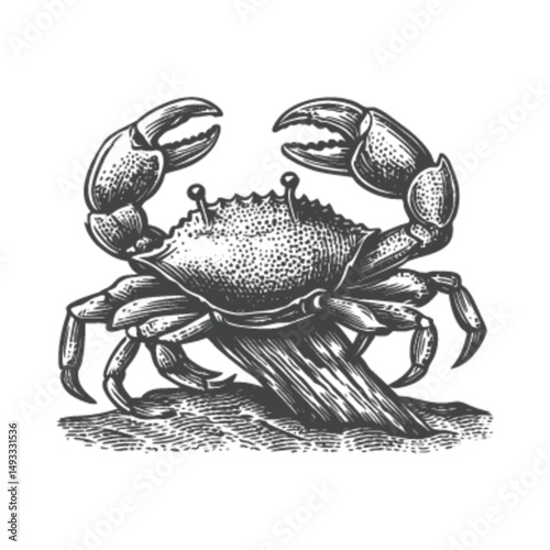 Detailed Vintage Engraving of a Crab on a Coastal Rock Surface