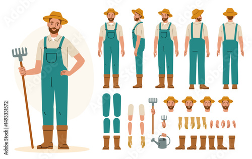 Farmer or gardener worker wearing overall uniform holding work tool. Character for animation. Front, side and back view set. Body parts, postures, poses collection. Vector illustration.