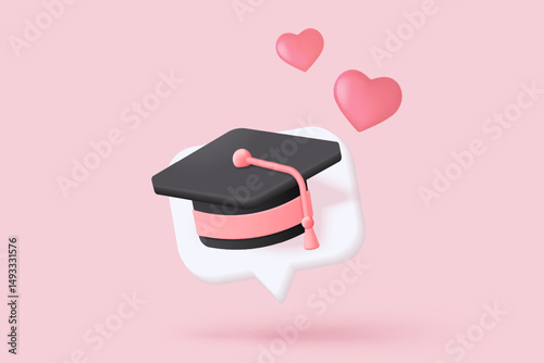 3D graduation of university, college for student concept. graduation hat and diploma cartoon style with bubble background. 3d vector education diploma for student study success render illustration