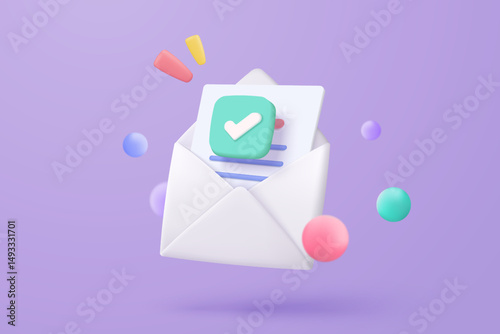 3d mail envelope icon with notification new message on purple background. Minimal email letter with letter paper read icon. message concept 3d vector render isolated pastel background