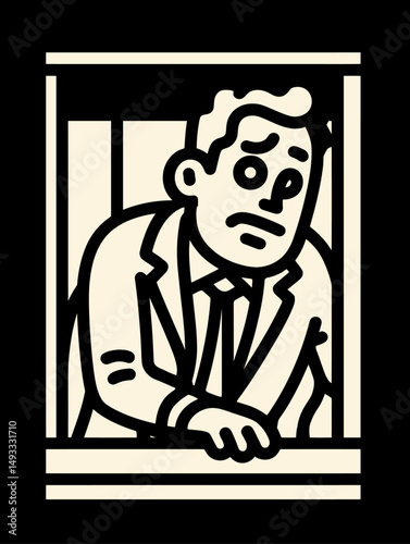 Sad Character Behind Bars in Simple Doodle Style Illustration