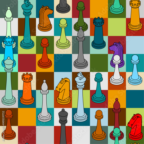 Chess color pattern seamless. chess pieces set background