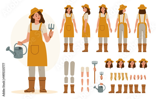 Farmer or gardener worker wearing uniform holding garden tool and watering can. Character for animation. Front, side and back view set. Body parts, postures, poses collection. Vector illustration.