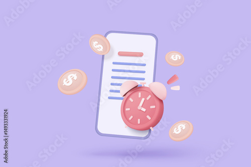 3d alarm clock with investing money to grow in mobile phone concept. Business investments earnings and financial savings, quick money loan. 3d time illustration vector rendering in purple background