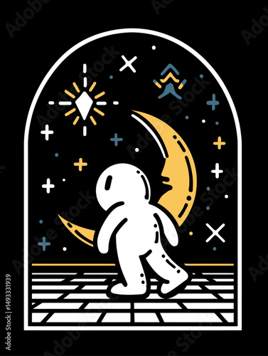 Creative Doodle Illustration of Character Under Night Sky with Moon