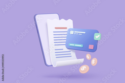 3d pay money with mobile phone banking online payments concept. Bill on smartphone transaction with credit card. Mobile with financial paper on background. 3d bill payment vector icon illustration