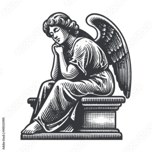Pensive Angel Engraving in Classic Woodcut Style Illustration