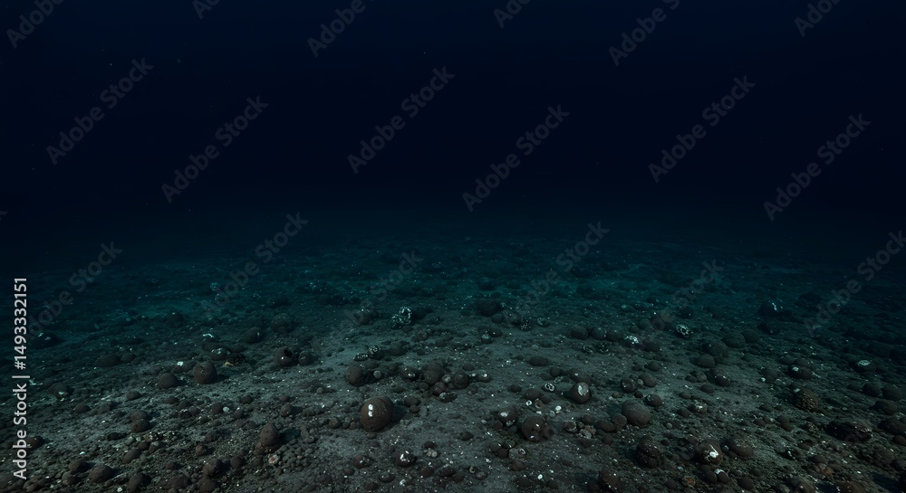 Obraz premium A view of the ocean floor with rocks and sand under dark blue water conditions deep down