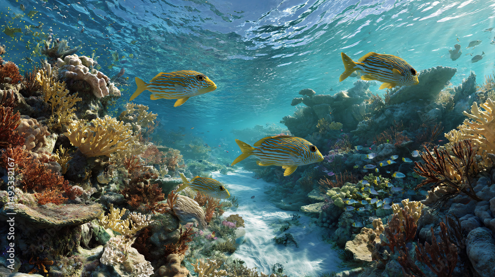 Naklejka premium fish cruising through reef channel