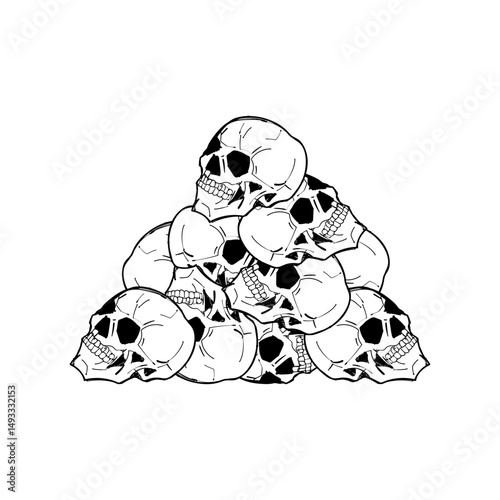 Pile of skulls. Mountain of skeleton heads.