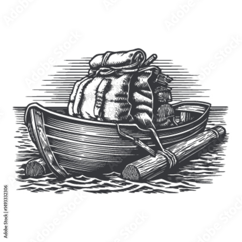 Vintage Woodcut Illustration of a Boat Loaded with Cargo