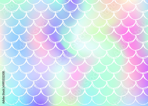 Mermaid scales background with holographic gradient. Bright color transitions. Fish tail banner and invitation. Underwater and sea pattern for girlie party. Hipster backdrop with mermaid scales.