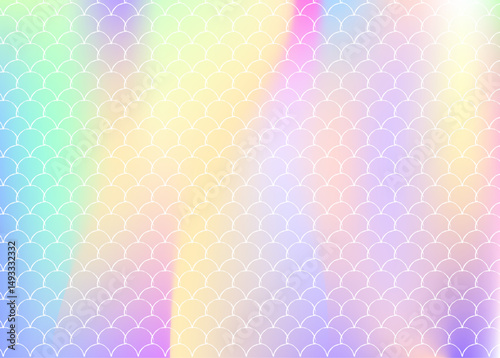 Mermaid scales background with holographic gradient. Bright color transitions. Fish tail banner and invitation. Underwater and sea pattern for girlie party. Colorful backdrop with mermaid scales.