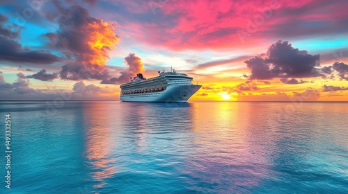 Cruise ship at sunset over tranquil ocean