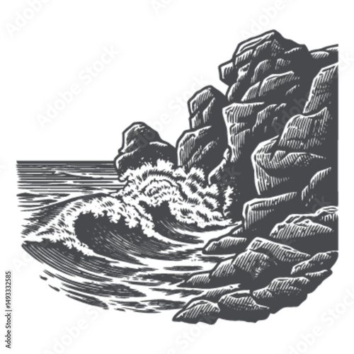 Hand-Drawn Engraving of Waves Crashing Against Rocky Shoreline