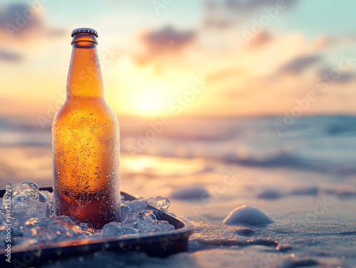 Frosted glass beer bottle dripping with condensation, placed in an open icefilled cooler on a sunny beach