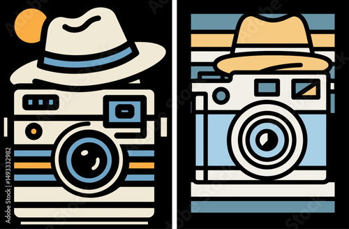 Vintage Camera Illustration with Hats and Retro Design Elements