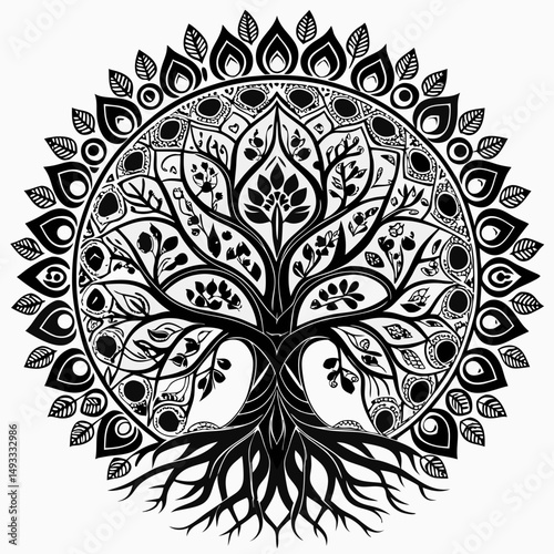 Ornate Black and White Mandala Tree of Life Design