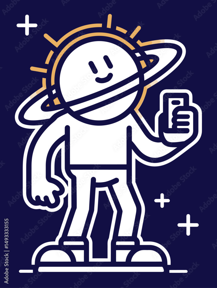 Fototapeta premium Whimsical Character in Space Holding Phone with Celestial Background