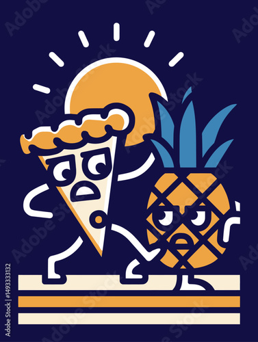 Funny Pizza and Pineapple Doodle with Sun Design for Shirt