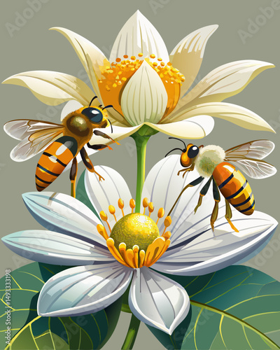 Two Honeybees Pollinating Beautiful White Flowers