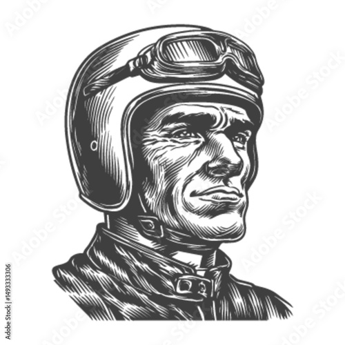 Vintage Racer Portrait in Engraving Style with Helmet and Goggles