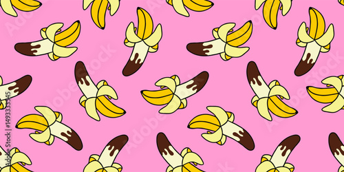 banana with melted  cocolate seamless pattern print design on pink background vector illustration